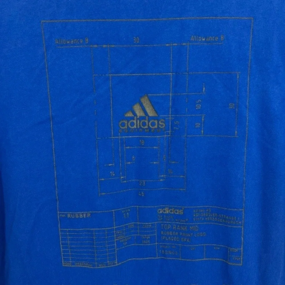 Viintage Adidas Equipment Men's Royal Blue Graphic Blueprint T-Shirt Size 2XL
